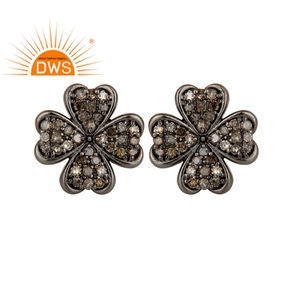 Pave Diamond <b>Set</b> Flower Shape <b>Stud</b> <b>Earrings</b> Jewelry Wholesaler Handmade <b>Silver</b> Jewelry Manufacturer - Product Image 1
