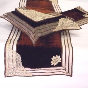 Classic Embroidered Table Runner with Lace Trim and Striped Border for Home Decor - Product Image 1