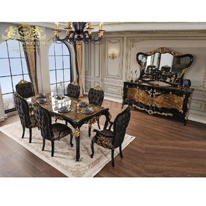 Ensemble de table à manger d'intérieur moderne de luxe baroque en bois de teck noir et doré solide pour la maison et l'intérieur - Product Image 1