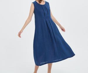 Royal Blue Sleeveless A-Line Midi Dress O-Neck Loose Fit 100% Linen Casual <b>Summer</b> Wear - Product Image 3