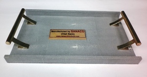 Faux Shagreen Tea Serving Tray DAPHOCO Model 052 Handmade Retro Design Made in Ho Chi Minh City Vietnam Light Grey Finish Decor - Product Image 5