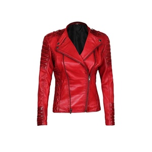 Women Quilted-Collar Red-Color Autumn Winter Ladies Bikers Breathable Longed Zippers Motorbike Leather Biker Jackets - Product Image 1