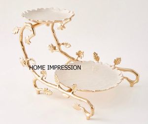 Nueva llegada de lujo moderno 2 niveles de latón antiguo acabado textura taza pastel soporte utensilios de cocina y boda Villa fiestas servir soporte - Product Image 5