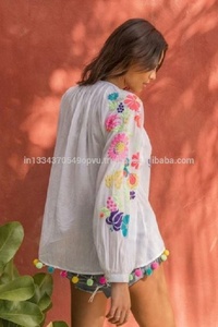 Vestido de Fiesta sin Mangas con Bordado Floral Bohemio, Adorno de Pompones, Corte Holgado, Algodón Blanco, Moda Mexicana, Cuello en V, Mini Vestido para Mujer - Product Image 2