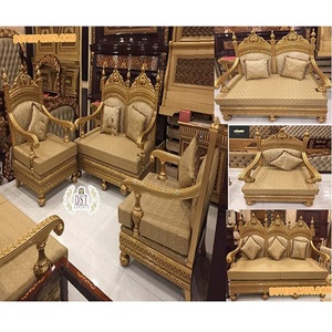 Traditional Teak Wood <b>Gold</b> Couch Set Natural <b>Gold</b> Finish Livingroom Furniture Indian Style <b>Sofa</b> Set for Home USA Event Decor - Product Image 1