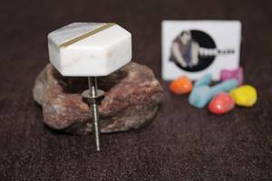 Marble Drawer Knob Latest Design <b>White</b> Hexagon Shape With Thin Brass Strip in Middle for Furniture & Hardware Tradnary Sambhal - Product Image 2