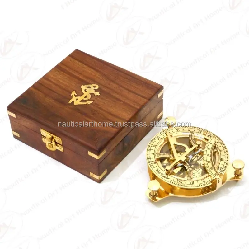 4.5" Sundial Compass with Anchor Inlaid Design Box - Nautical Large Brass Sundial Compass with Wooden Box