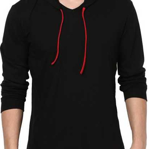 Camiseta de Manga Larga con Capucha Negra para Hombre, con Ribete en Contraste Rojo, Tejido Casual, Color Sólido, Corte Regular - Product Image 3
