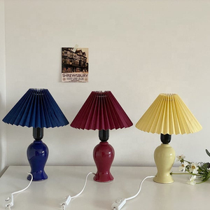 Modern <b>Ceramic</b> Table Lamp With Pleated Shade In Blue Red And Yellow For Bedroom Decor - Product Image 1