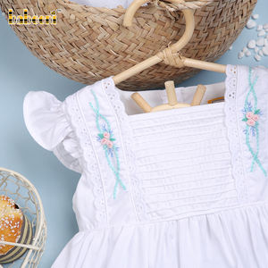 Pure White 100% Cotton <b>Dress</b> <b>for</b> <b>Girls</b> Printed Floral ODM Pintuk Knee-Length Hand Smocked Summer Style-BB1855 - Product Image 3