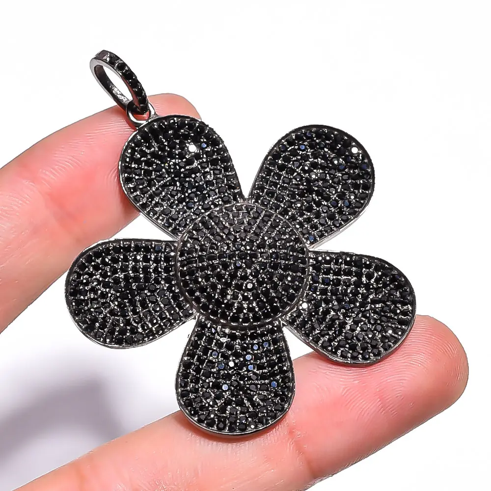 Stunning Black Spinal Gemstone Pave Jewelry Fine Silver 925 Sterling Jewelry Bridal Gift Floral Black Spinel Charm Pendant
