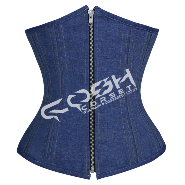 Cosh Korset Onderborst Steelboned Taille Reducerend Donkerblauw Denim Korset Met Rits Aan De Voorkant Body Shaper Modern Korset Bustier Top