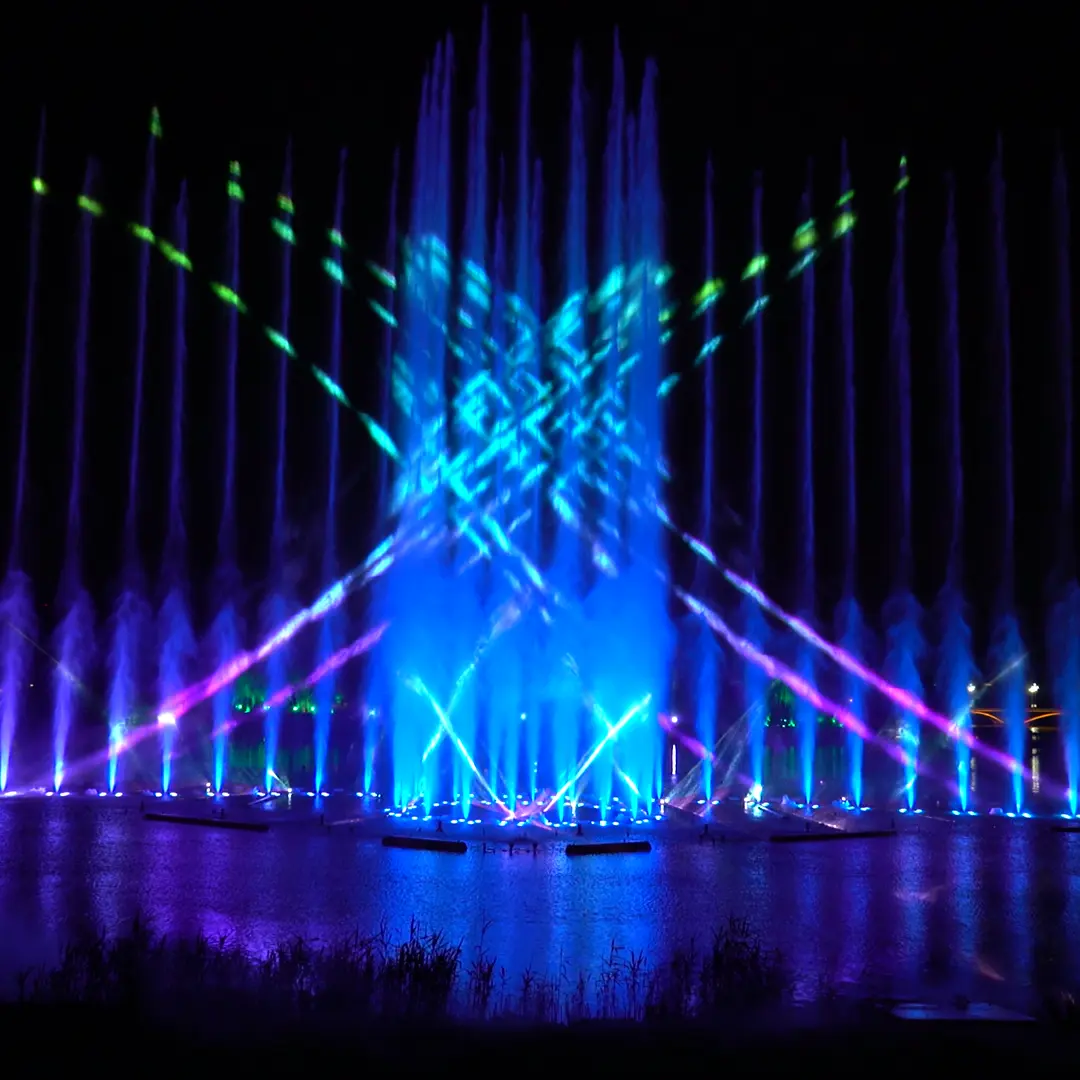 Amazing Dancing Music Fountain Show with lasers beam lights artificial fog dancing stage machinery phoenix sculpture