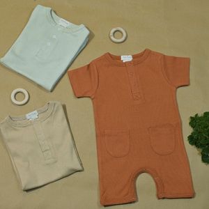 Pelele corto de algodón orgánico y LICRA para bebé, ropa de pijama de color sólido de manga corta para recién nacido con diseño personalizado - Product Image 4