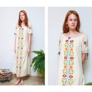 Vestido largo de manga corta con Panel frontal para mujer, traje bohemio de estilo europeo, con bordado mexicana, con manga corta - Product Image 5