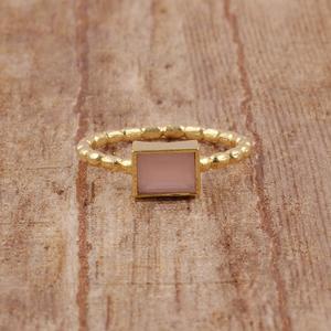 Bague ajustable en forme de rectangle plaquée or, faite à la main, en calcédoine rose, bijoux pour femmes, cadeau à la mode - Product Image 3