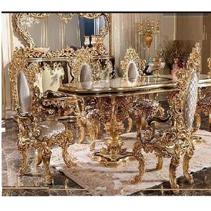 Ensemble de salle à manger en teck sculpté à la main en or de luxe, table et chaises de salle à manger modernes, taille personnalisée durable - Product Image 1