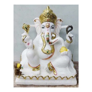 Escultura de mármol blanco pintado en oro, el señor indio, Ganesha - Product Image 1