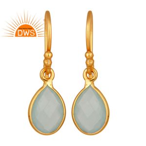 Set de boucles d'oreilles pendantes argentées plaquées or, 925, boucles d'oreilles à crochet, vente en gros, calcédoine Aqua, pierres précieuses - Product Image 1