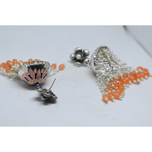 wholesale fashion jewellery meenakari <b>silver</b> look alike brass flower stud long beads <b>jhumka</b> hoop earing for girls and women - Product Image 3