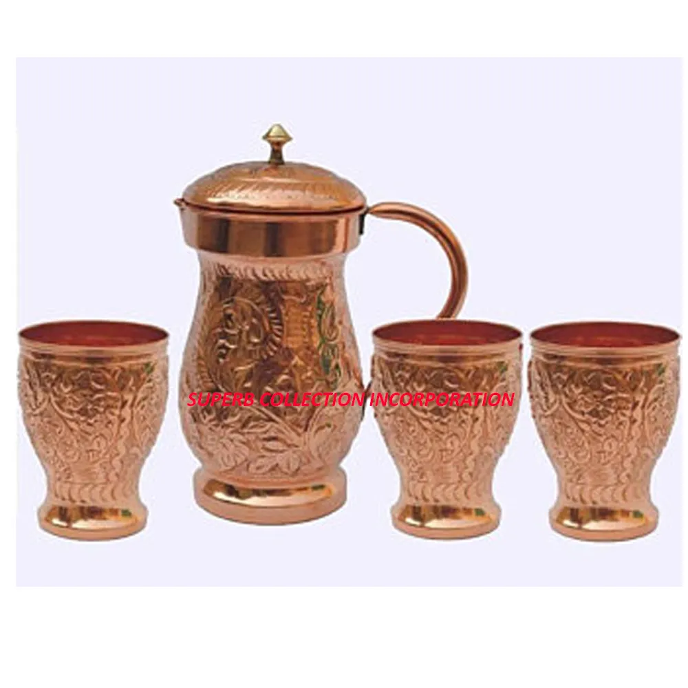 Jarra de agua con relieve de cobre puro, diseño antiguo y Vintage, con juego de 3 vasos, superventas y de alta calidad