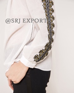 Women's <b>White</b> Linen Bohemian Blouse Embroidery Tassel V-Neck <b>Balloon</b> Sleeve Loose Fit Eco-Friendly Rajasthan Spring Summer Top - Product Image 3