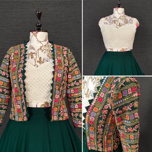 Latest Party Wear Plain Green <b>Jacket</b> Style Lehenga Choli With Paper Mirror & Thread Embroidery Worked Koti - Product Image 2