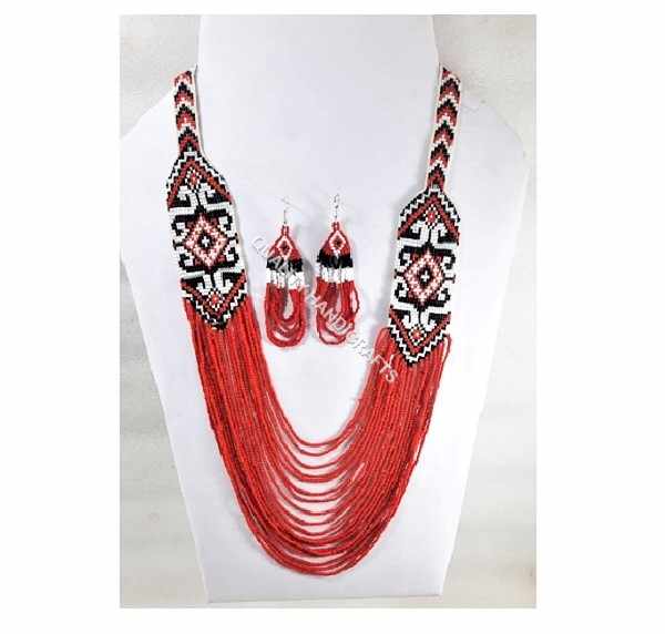 Quality Handicrafts Multistrand Blue Glass Seed Bead Necklace with Earring Vintage Inspired Necklace Long Beaded