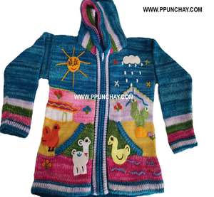 Unisex estilo andino Arpillera con capucha cárdigan suéter ropa de invierno para niños-Punchay Perú diseño - Product Image 1