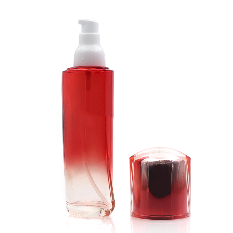 High Quality Red 100ml Fancy Lotion Pump Round Spray Packaging Cosmetic Containers Glass Bottle