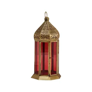 Jardín decoración del hogar candelita marroquí candelabro linterna oro antiguo acabado linterna Metal y vidrio vela linterna