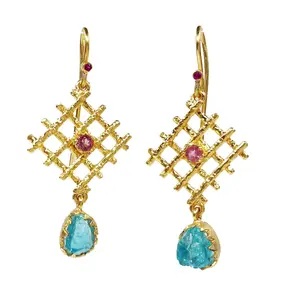 Pendientes de plata de ley 925 con topacio azul y turmalina, pendientes con gema de piedra lunar, chapado en oro y plata - Product Image 1