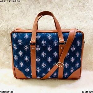 Bolso Tote Clásico de Lona Azul Estampada con Asas de Cuero Marrón y Correa Extraíble para Mujer, Bolsos para Portátil, Bolsos de Algodón - Product Image 2