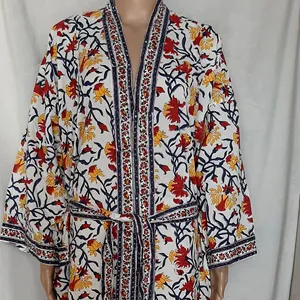 Kimono Katun India Kaftan Tutup Malam Maxi Pantai Baju Renang Vintage Print Handblock Tunik Jubah Panjang Ukuran Plus