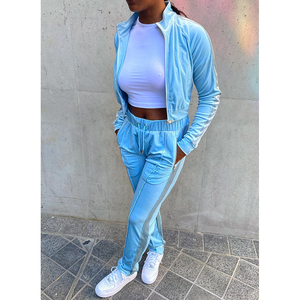 Best Quality VELOUR PANELLED TRACK JACKET - BABY BLUE Zippered Women Jacket Custom Logos - Product Image 6