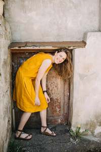 Robe en lin col rond, sans manches, longueur au genou, pour fille, tenue tendance, de couleur orange, nouvelle collection 2020 - Product Image 2