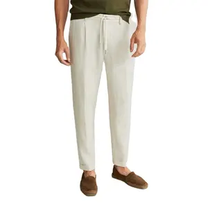 Bej pilili Sweatpants Oem düz renk % 100% keten pantolon türleri pantolon benim için