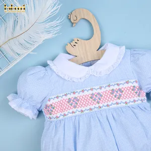 OEM ODM Girls Rompers Heart Floral Embroidery Baby Bubble Smocked Romper Wholesale Manufacturer BB2530 with Gingham Pattern