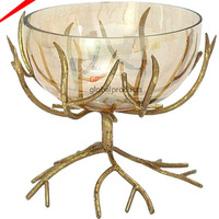 Luxus umwelt freundliche Glas runde Servier schale mit goldenem Stand Obsts alat Essen Servier schale für Hochzeits dekoration