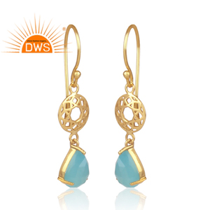 Natural Blue Aqua Chalcedony Gemstone <b>Earring</b> Jewelry Wholesaler 925 Sterling Gold Plated <b>Dangle</b> <b>Silver</b> <b>Earring</b> Jewelry - Product Image 2