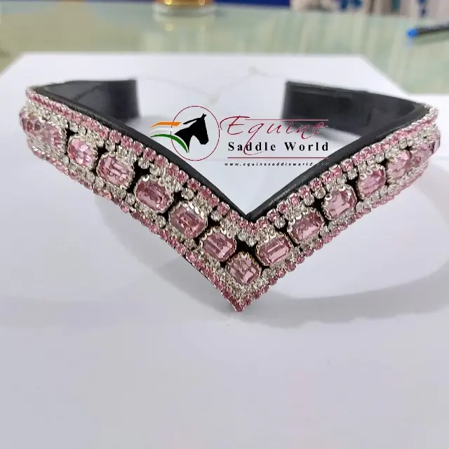 TRENDY HORSE V SHAPE BROW BAND PINK CRYSTALS AFFORDABLE LUXURY EQUESTRIAN PRODUCT WITH BUTTON LOOP.