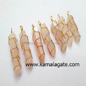 Pendentif hexagonal double pointe en quartz rose naturel, enroulé de fil doré, plaqué or antique, écologique, cristal tendance, vente en gros - Product Image 2