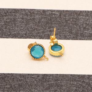 Pares de pendientes de tuerca de moda para mujer, aretes de tuerca de Gema azul calcedonia, joyería de latón dorado, aretes de moda para mujer, par de joyería - Product Image 3