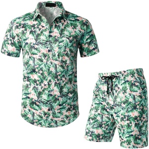 Conjunto de ropa de verano para hombre, camisetas de media manga con botones, pantalones cortos de algodón, tela transpirable, 2 piezas - Product Image 1