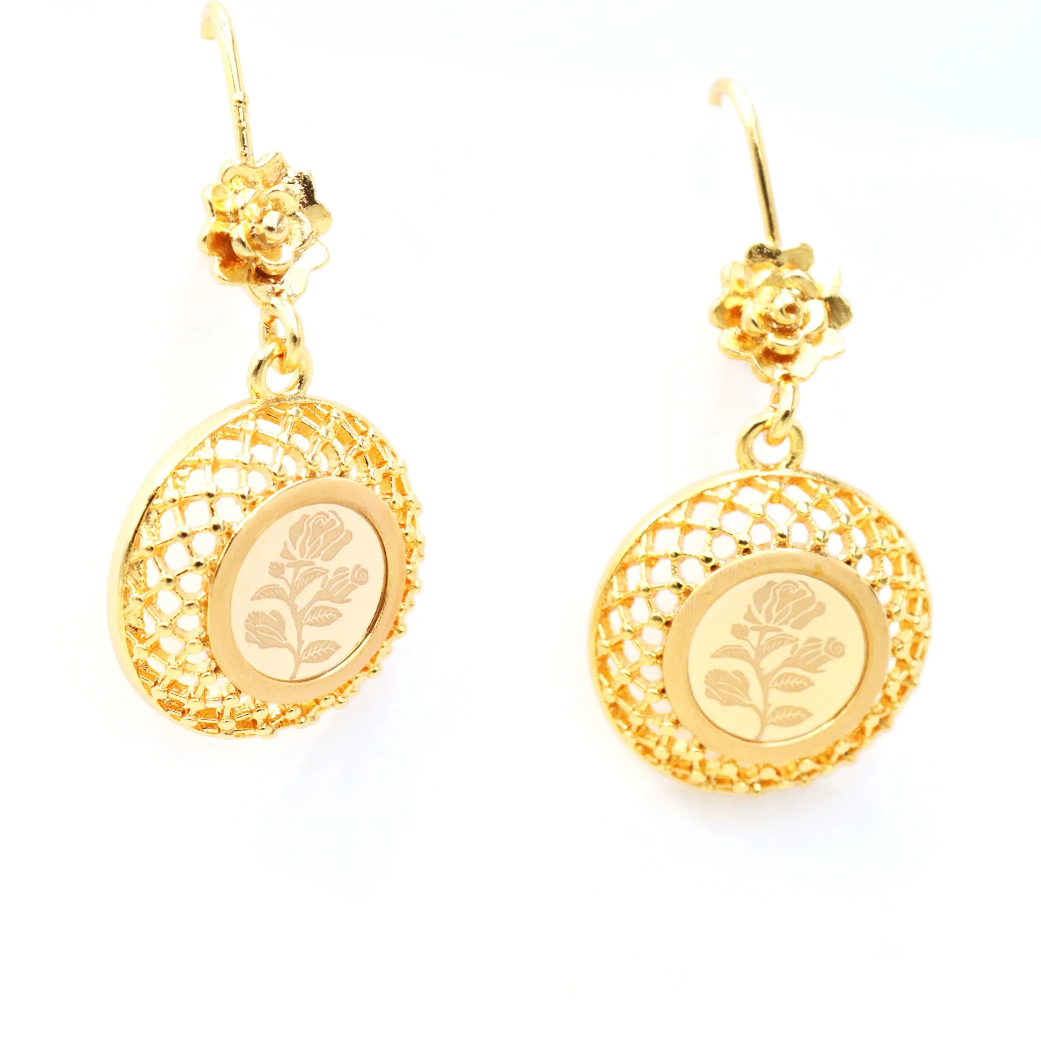 Charming Round Rose Flower Laser Printed Round Hoop Flower Studded Gold Plated Bowel Grill Shaped Hanging Hooke Ear Rings set