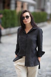 Vestido Formal de Lino para Mujer, Moderno, de Última Moda, en Tela Crepé, Color Negro, con Cuello Camisero, Largo hasta el Suelo, de Manga Larga, para Verano - Product Image 4