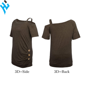 Camisetas de alta calidad para mujer, blusas informales de manga corta con hombros descubiertos, Top tipo túnica con botón lateral, venta al por mayor - Product Image 3