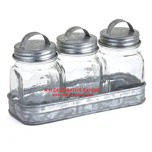 透明玻璃罐套装装饰金属银整理盖，带托盘，用于厨房储存食品罐