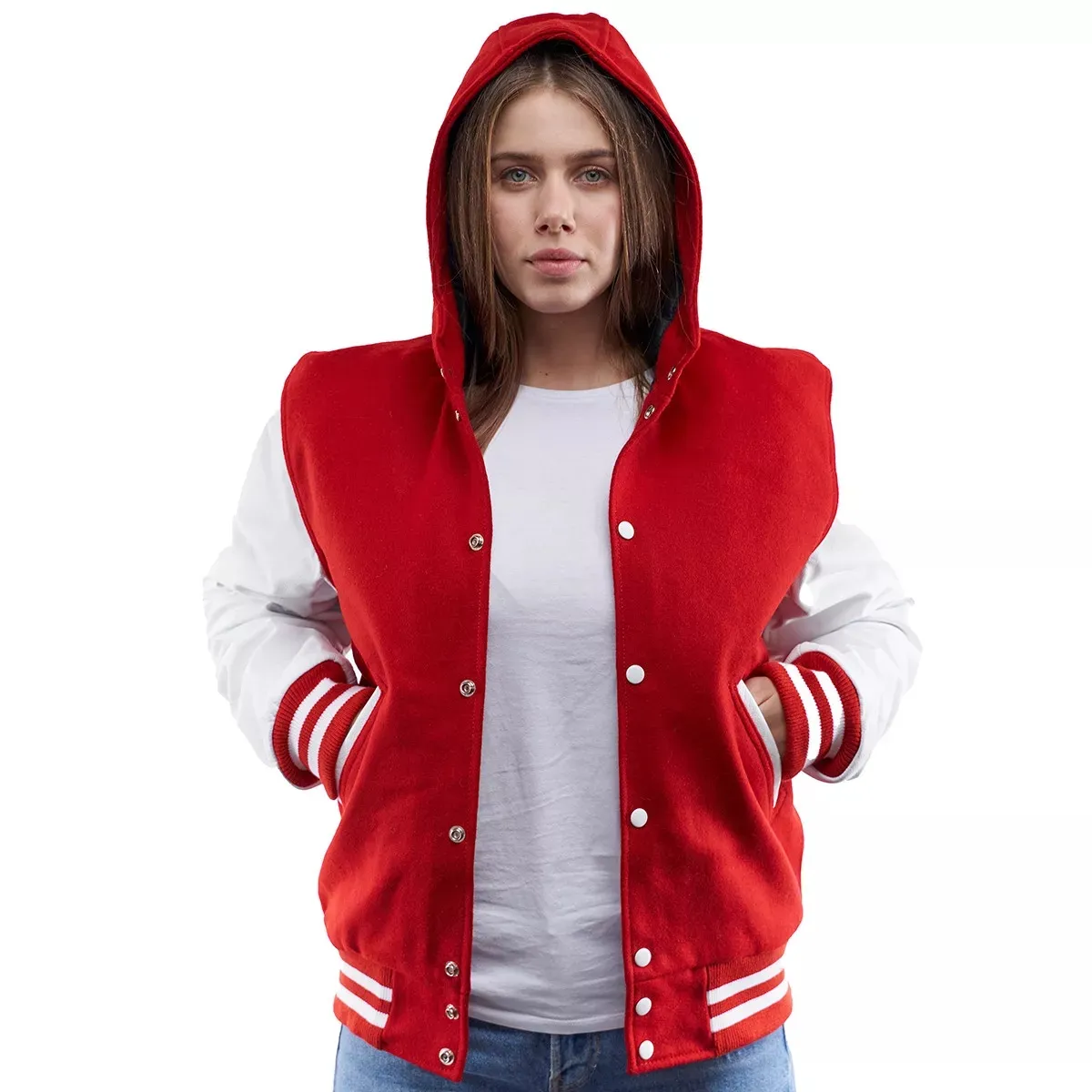 OEM Hochwertige neue Designs Kunden spezifische Letterman-Jacken aus Wolle/Leder für Frauen mit Kapuze