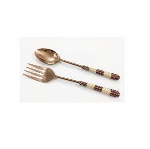 Cuillères à salade en acier inoxydable, poignée en bois et en résine de marbre noir, ustensiles de cuisine, outils de service des aliments accessoires de cuisine - Product Image 4